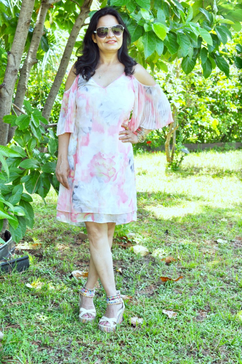 Peach-floral-cold-shoulder-dress