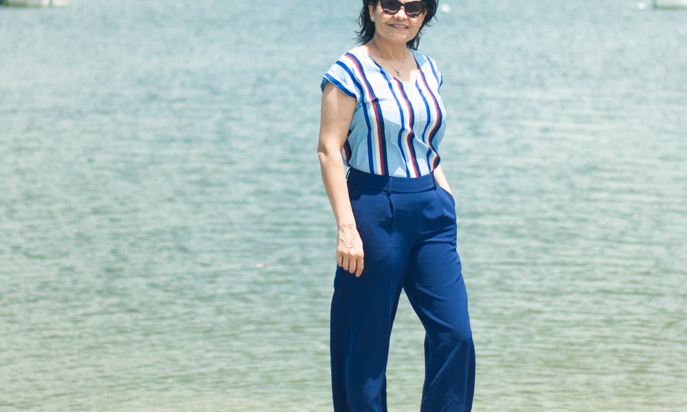 navy blue pants and striped top