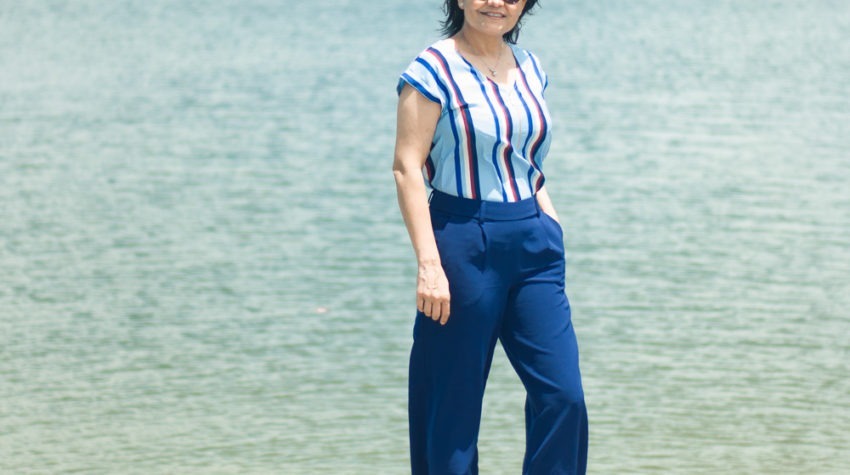 navy blue pants and striped top