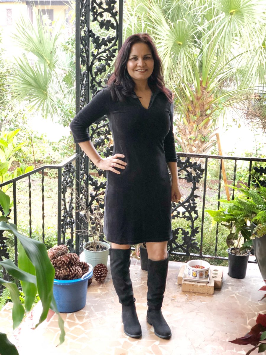 black velvet dress with boots